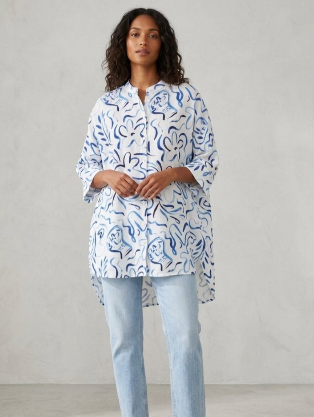 LJC Designs 100% Linen Oversized Tunic Shirt Top Blue White One Size OS